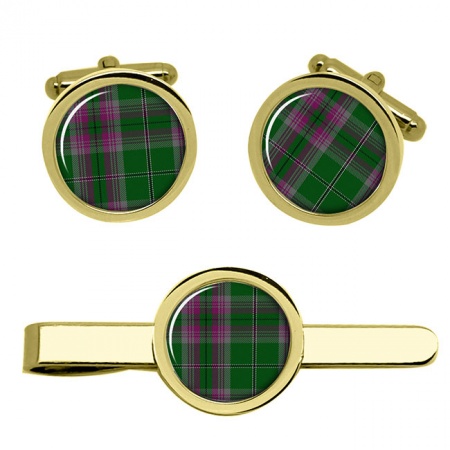 Gray Scottish Tartan Cufflinks and Tie Clip Set