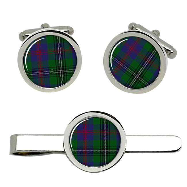 Wood Scottish Tartan Cufflinks and Tie Clip Set